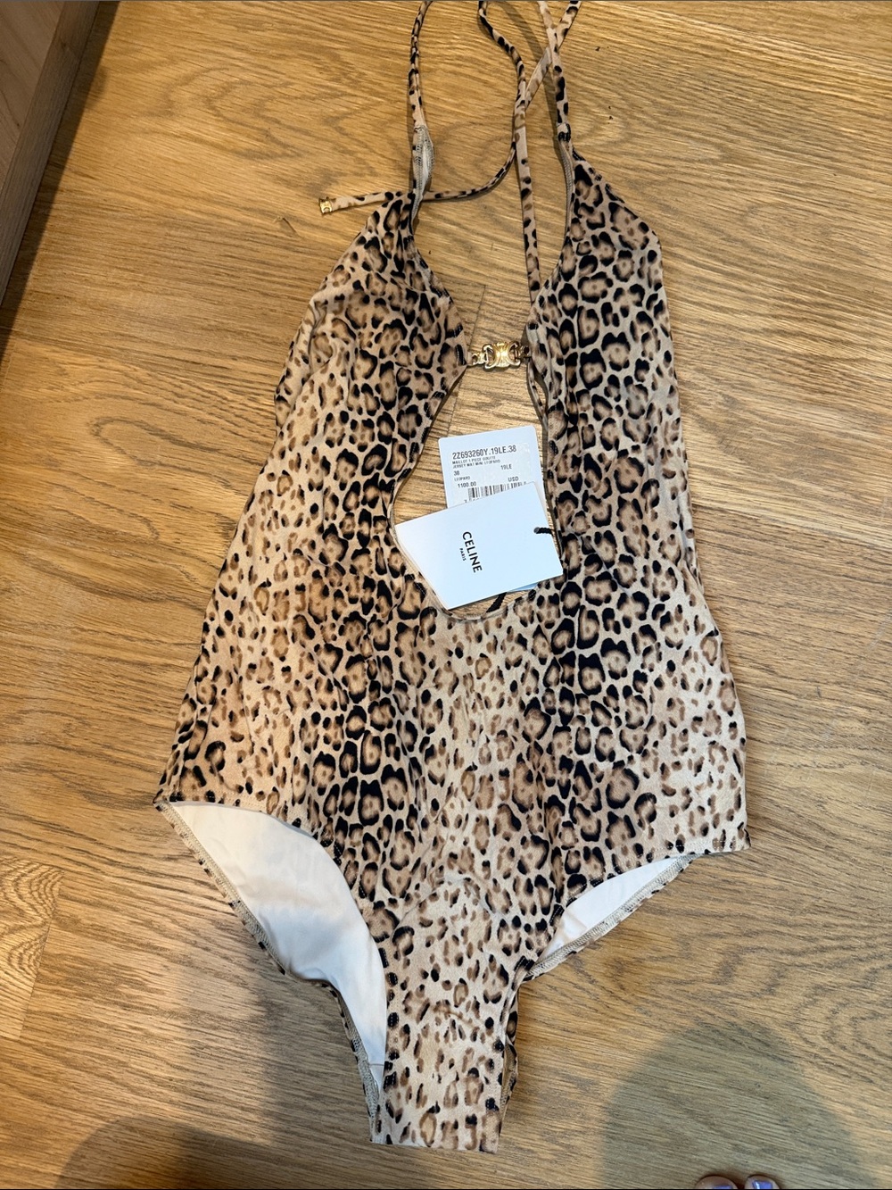 Celine Leopard Print Halter One-Piece Swimsuit - Beige, Black